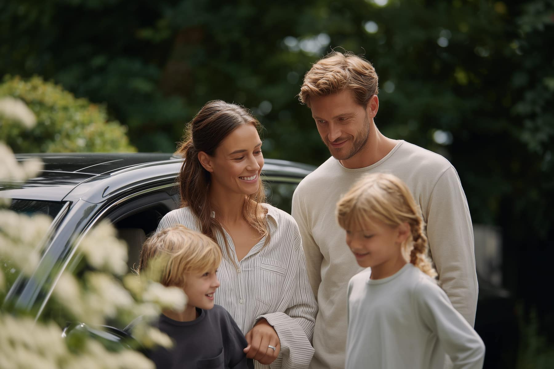 Glückliche Familie mit ihrem neuen Gebrauchtwagen vom Automobilzentrum Singer